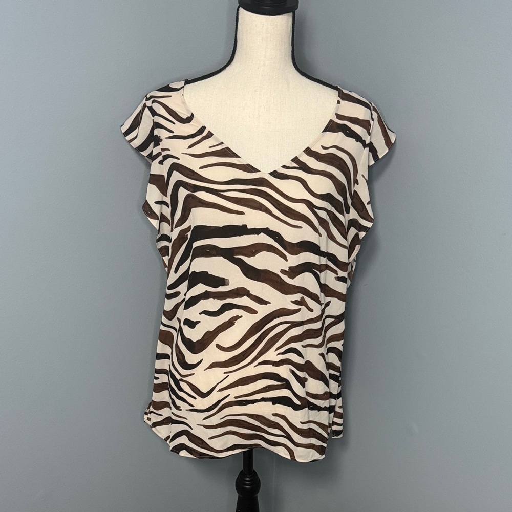 CAbi Women’s Brown/Ivory Zebra Print Blouse Sz L